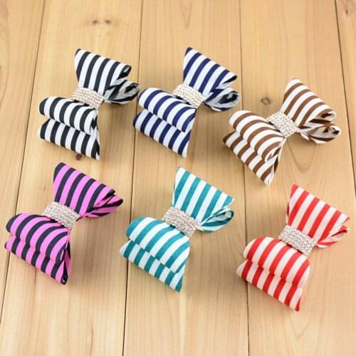 Express free 3.2" Newborn Luxe pin-striped Hair Bows Handmade Hard Satin Bowknot with rhinestone button Girls Hair Accessories