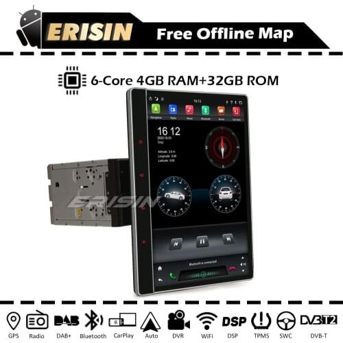Erisin ES8722T Double Din 12.2" Universal Car Radio Android Auto 9.0 CarPlay TPMS GPS OBD Bluetooth 5.0 DVR DAB+ WiFi Detachable