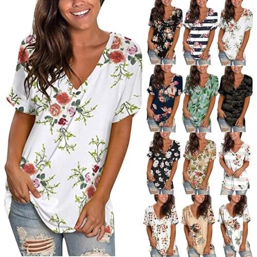 T-shirt Womens Short Sleeve Top Summer T-shirt Pullover Top V-neck Printing Short Sleeve Top Elegant Loose Womens T-shirt
