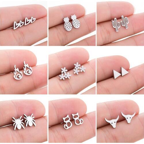 Hfarich Stainless Steel Heart Pineapple Cactus Fire Snowflake Cat Cow Spider Triangle Earrings For Women Men Kids Christmas Gift