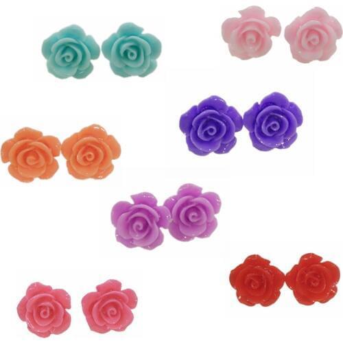 HOTs925 silver Trendy Jewelry 15mm Coral stone rose earrings Women Cute Girl Gift red pink black 10Colors Available