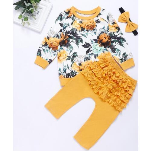 Baby Girls Clothing Set Newborn Infant Girl Floral Printed Outfits Ribbed Clothes Romper Top Ruffle Pants 3 PCS Sets D1390