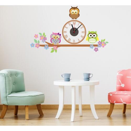 Cartoon Owl Flower Wall Sticker Electronic DIY Clock Watch Wall Stickers Baby Children Room Decoration Wall Stickers