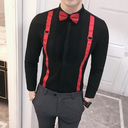Mens Pleated Shirt Long Sleeve 2019 Bow Tie Mens Tuxedo Shirt Fashion Stripe Slim Shirt Mens Wedding Party prom Men Shirt 5XL