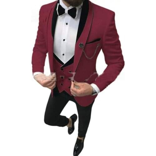 JELTONEWIN Custom Made Men Suits Burgundy 3 Pieces Groom Tuxedos Groomsmen Mens Wedding Blazer Prom Bridegroom jacket+pants+vest