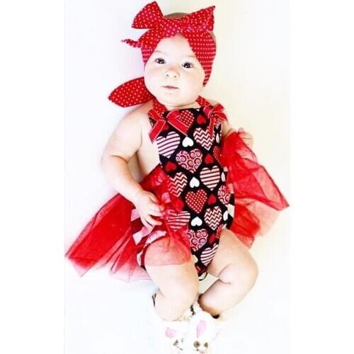Baby Girls Valentine’s Day Outfits, Love Heart Print Ruffle Tulle Halter Romper with Headband Set