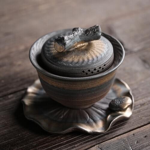 New Ancient Roasted Three Talented Bowls Jingdezhen Wood-fired Kungfu Tea Set Handmade Knife Teapot Teacup Iron-glazed Tea Bowl