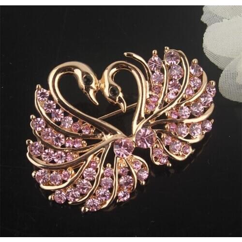 New Yellow Chromed Love Swan Clear/Champagne/Pink Austrian Crystal Brooch Pin Jewelry