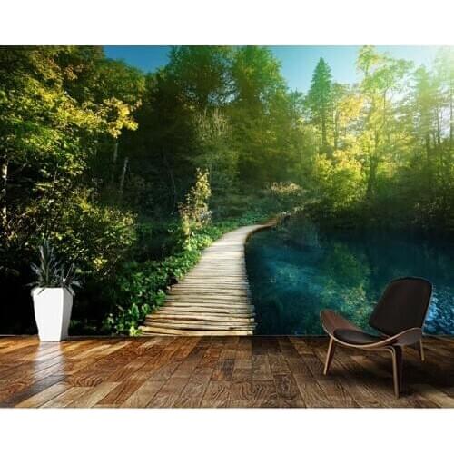 Papel de parede Pathway lake in the forest nature landscape 3d wallpaper,living room tv wall bedroom restaurant mural
