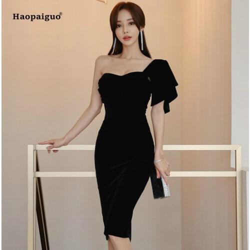 Solid Spring Pencil Dress Women Black Red Sleeveless One-shoulder Strapless Knee-length Elegant Vestidos De Gala Velvet Dresses