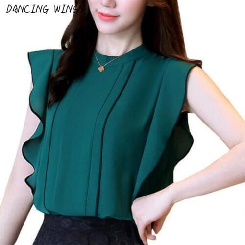 Solid Women Tops And Blouses Chiffon Shirt OL Lady Stand Collar Sleeveless Ruffles Tops