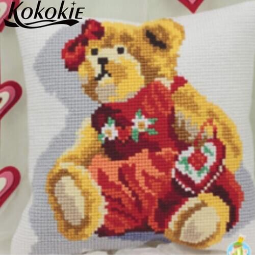 Cartoon bear printed cushion 3d mat throw pillow case cotton embroider yarn Needlework kits handicraft cross stitch pillow kits