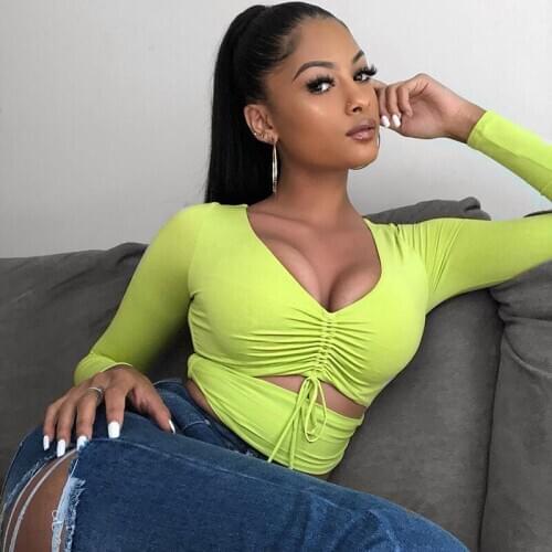 Sexy V Neck Bow Tie Cross Tops Women Summer Long Sleeve T Shirt Crop Tops Solid Slim Bow Tie Front Short Summer Beach Tee Top