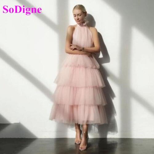 SoDigne White A Line Ruffles Tulle Prom Dresses High Neck Tiered Skirt Tea Length Evening Party Gowns Short Women Formal Wear