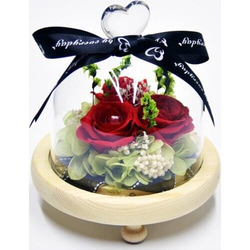 3pcs Preserved Real Flowers Rose Heart Glass Cover White Wooden Base LED Home Decor Valentine Day Birthday HER Gift Dropshipping