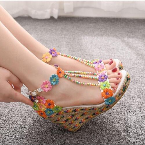 Crystal Queen Women Wedge Sandals White Lace Flowers Tassel Bridal Fine High Heels Open Toe Summer Wedding Shoes