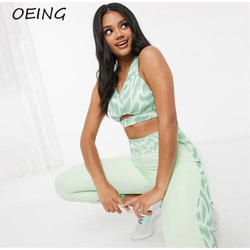 Women Summer Sport Leggings Sets Floral Print Fitness Clothing Green Yoga Tracksuit Workout Set