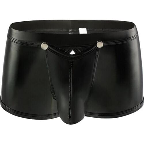Sexy Men Boxers Shorts Hollow Back Faux Leather Underwear Man Solid Low Rise Open Crotch Detachable Pouch Underpants M-XXL