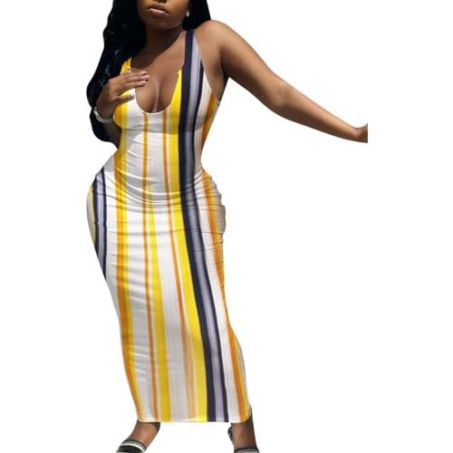 New Large Size Women’s Casual Sleeveless Tight Dress Summer Fashion Stripe Printing V-neck Hip Long Dress