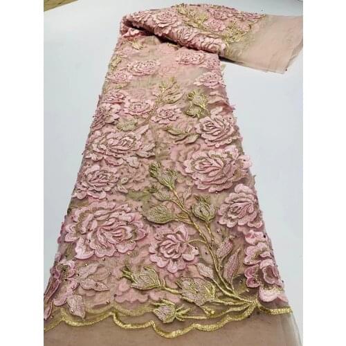 5yards/pc) Fantastic gold threads embroidered French net lace pink African wedding tulle lace fabric for party dress FCC192