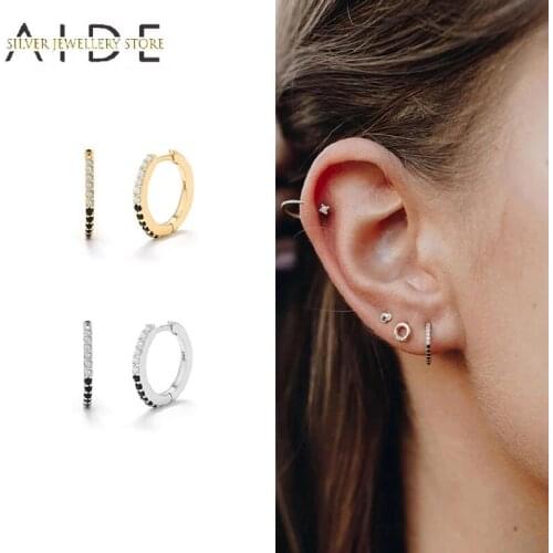 AIDE Exquisite White & Black Zircon Hoop Earrings for Women Mini Geometric Round Pierced Earings Silver 925 Jewelry kolczyki