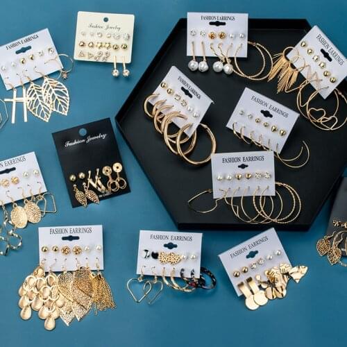 BLINLA Fashion Vintage Geometric Round Earrings Set Hollow Metal Earrings For Women Bohemian Leaves Tassel Long Earring Jewelry