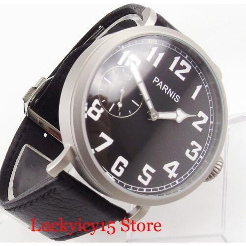 New 46mm Round PARNIS Brand Black Dial Hand Winding Mens Watch 6497 Movement Big Crown