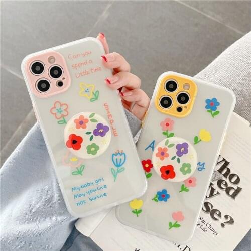Cute Flower Holder Stand Phone Case for iPhone 12 Pro Max MiNi X XR XS 11 Pro Max 6S 7 8 Plus Soft Cover with Kickstand Bracket