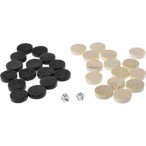 30pcs Wooden Draughts Checkers Backgammon Chess Pieces for Kid Board Game 2 Dice