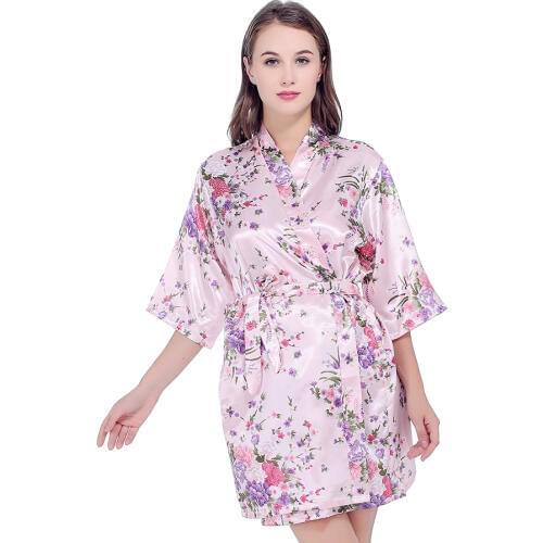 Silk Satin Wedding Bride Bridesmaid Robe Floral Bathrobe Short Kimono Robe Night Robe Bath Robe Fashion Dressing Gown For Women