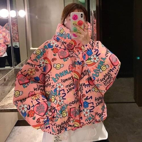Fashion New Womens Thick Warm Women Winter Down Jacket Women Puffer Jacket On Christmas Eve Graffiti Loose Bubble Coat