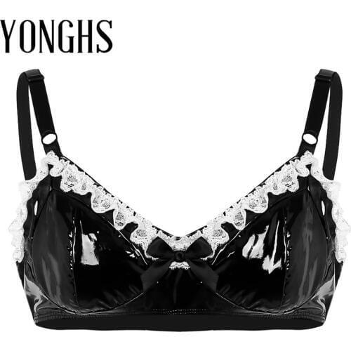Mens Lingerie Bra for Sex Spaghetti StrapsFashion Lace Hot Sexy Bra Top with Bowknot Wetlook Faux Leather Wire Free Sexy Bra Top
