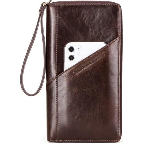 Mens Slim Long Wallet Genuine Leather Phone Bag Purse Card Holder Money Bag Men Small Coin Case Travel Zipper Pouch Wrist Band