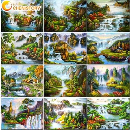 CHENISTORY Diy Paint By Numbers Waterfall Stream Oil Painting On Canvas Wall Pictures Kit For Living Room Modern Handmade Gift