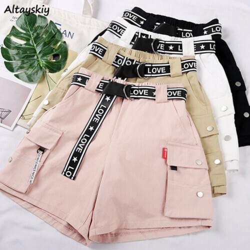 Shorts Womens Summer 2020 Straight Pink White Cargo Loose Bf High Waist Korean Version Pockets Sashes Streetwear Harajuku New