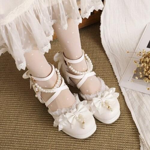 PXELENA Bride Wedding Sandals White String Beads Pearls Ruffles Lace Butterfly-knot Cross tied Cosplay Uniform Shoes Women 34-48