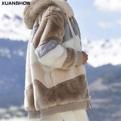 XUANSHOW Winter Women Coat Long Slevee Plush Warm Jacket Ladies Hooded Zipper Patchwork Outerwear & Coats Casual Females Clothes