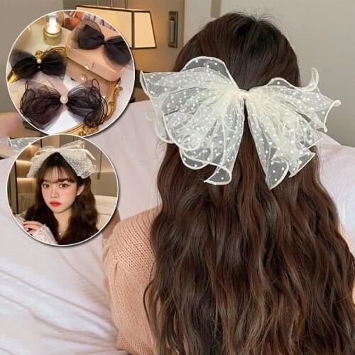 Lace Bow Ornament Hair Clips Women Girls Vintage Elegant Sweet Oversized Bow Black White Hair Accessories