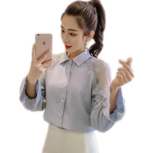 Blouses New Lady 2019 Fashion Autumn Women Shirts Long Flare Sleeve Tops Turn-Down Collar Lace Button Shirts Slim Mujer Q1284