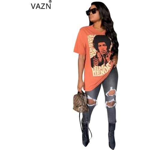 VAZN 2019 Personality New Fashion Brand Women Character 4 Color Regular Long Tees Lady O-Neck Short Sleeve Long T-Shirt TRS919