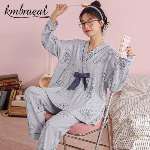 Womens Pajamas Autumn New Sleepwear Sets Lovely Cartoon Pattern Female Two Piece Set Cotton Long Sleeve Homewear Plus Size 2xl