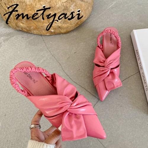 Women Sandals Sexy 2021 Summer Outdoor Pleated Gladiator Elastic Band Back Strap Concise Solid High Heels Pumps Butterfly-knot