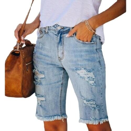 Women Summer Straight Denim Shorts Ripped Hole Jeans Short Pants Ladies Solid Skinny Shorts