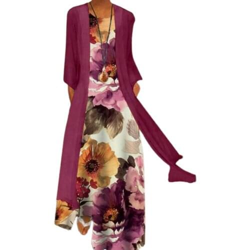 60%HOT1 Set Cardigan Dress Set Floral Print Long Women Loose Outwear Sleeveless Large Hem Dress for Daily Wear