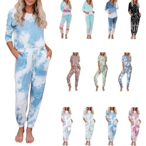 Women Tie-dye Pocket Sport Elastic Top Suit Casual Home Gradient Hoodie Pant Set
