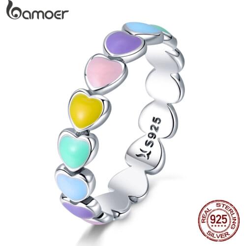 BAMOER Authentic 925 Sterling Silver Stackable Rainbow Heart Finger Rings for Women Wedding Engagement Ring Jewelry Anel SCR444
