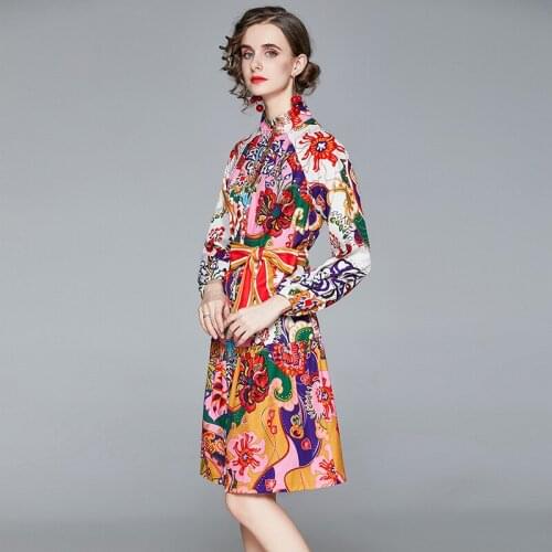 2021 Autumn Winter Print Slim Slimming Vestidos Womens Temperament Stand-up Collar Bubble Long-sleeved Belt Midi Dress DK069