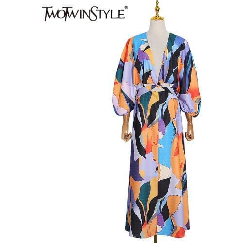 TWOTWINSTYLE elegant Print Summer Dress Women V Neck Lantern Half Sleeve High Waist Hollow Out Hit Color Midi Dresses Female New