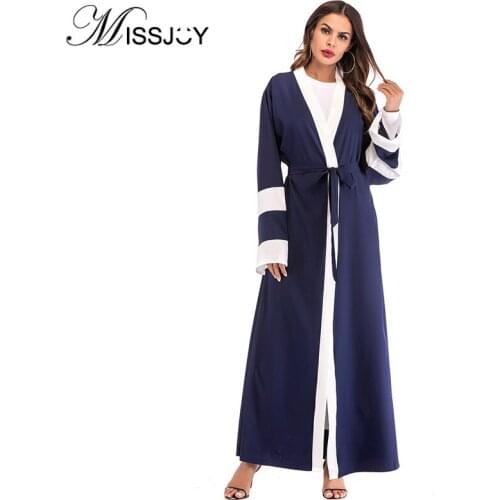 MISSJOY Abayas for women Muslims loose cardigan robes Fashion Casual Full sleeve V-Neck patchwork dresses with Belt 2020 Autumn