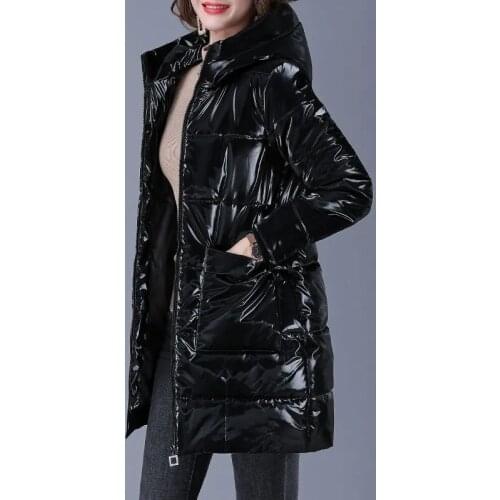 Winter Jacket Women Black Long Smooth Fabric Coat Cotton Padded Clothes Hooded Bright Face Fashion Thickened Warm Coat